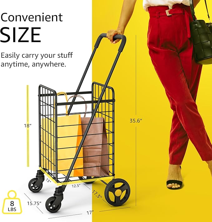 Our Modern Space Shopping Cart & 360° Swivel Wheels | Foldable Collapsible & Lightweight | Perfect for Groceries Laundry Utility Cart - Black
