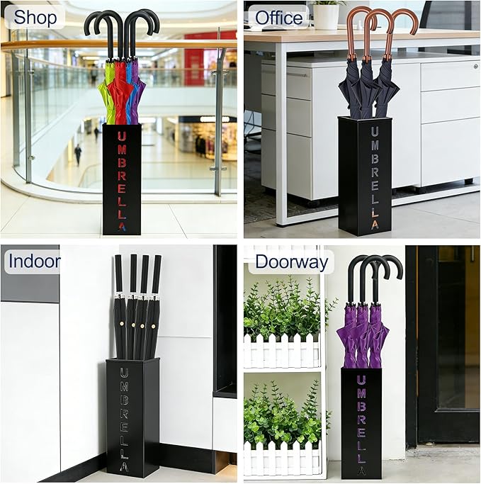 Square Metal Umbrella Canes Holder, Free Standing Umbrella Rack Stand Storage Bucket, Walking Sticks Organizer Bin for Indoor Entryway, Home, Office and Hotel, 16.3" x 6.3" x 6.3", Black