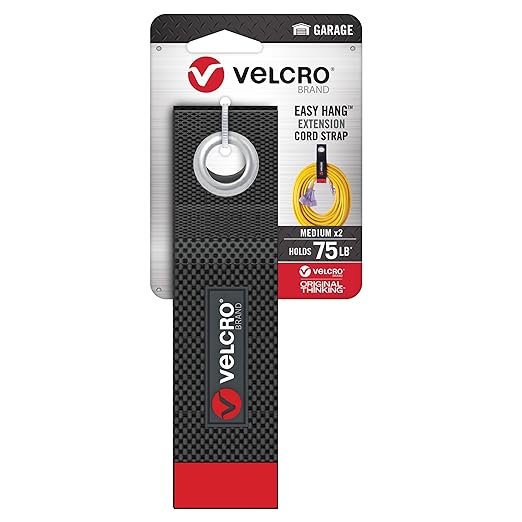 VELCRO Brand EASY HANG Extension Cord Organizer – Declutter Fast, Hang Smarter – Valentines Day Gift for Him – Heavy Duty 75 lb Hold, 2 Pack, Medium 14 in, Black Straps Fit 25–50 ft cords
