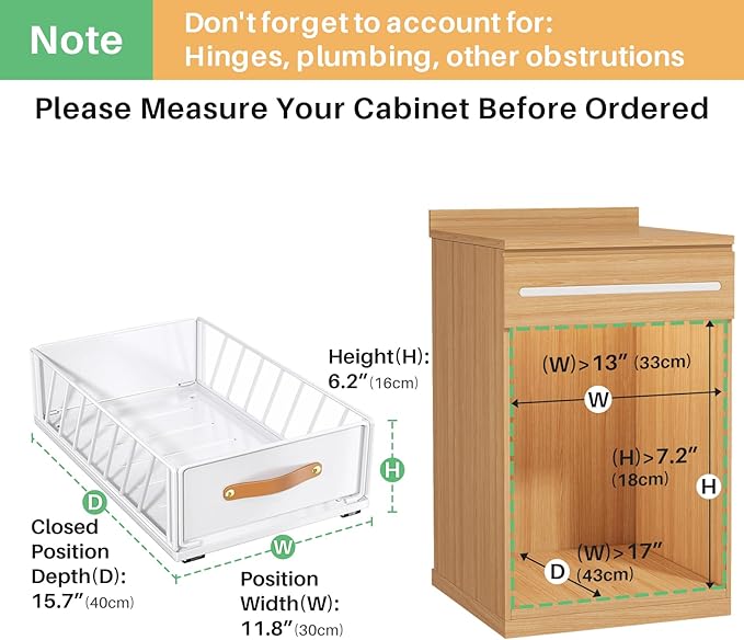 Pull out Cabinet Organizer Fixed with Adhesive Nano Film,Heavy Duty Slide out Pantry Shelves Drawer Storage,Sliding Mesh Cabinet Basket with Handle for Kitchen, Bathroom,Home, 11.8W"X 15.7D"X6.2"H