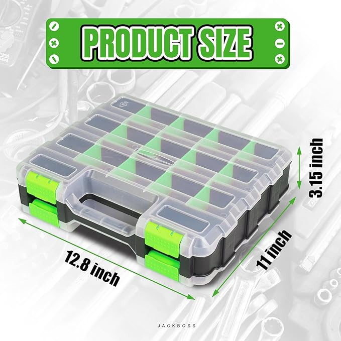 Jack Boss Tool Box with Transparent Lid, Double Side 34-Compartments Organizer Box with Removable Dividers for Hardware, Screws, Bolts, Nails, Beads, Jewelry and Fishing Accessories, Green, 1 Pack