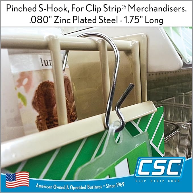 Clip Strip 100 Pack S Hooks, 1.69" S Shaped Hooks for Hanging Plants, DIY Crafts, Jewelry, Keys, Decorations, Kitchen Utensils, Merchandisers, Displays, Products in Retail, Pinched Version