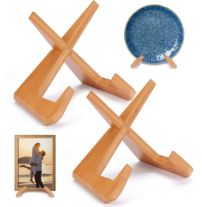 XKDOUS 2 Pack Plate Holders for Displaying 6.5 Inch Decorative Plate Display Stand Heavy Duty Bamboo Picture Frame Stands Cook Book Holder for Kitchen