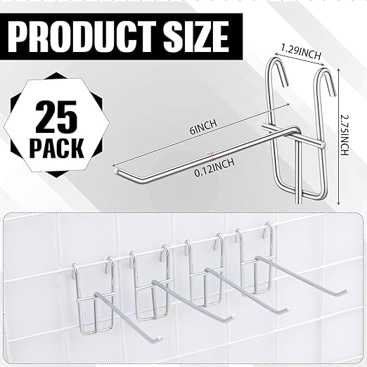 Moxweyeni 6 Inch Grid Wall Hooks 25 Pcs Gridwall Panel Hooks Store Garage Wall Mount Organizers Storage Grid Display Hangers for Retail, Craft Show, Home Setup, Customized Display (Silver)