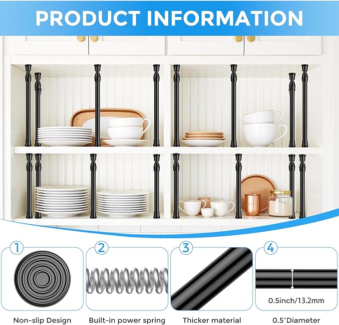 4 Pack Small Tension Rod 12 to 19 Inch Adjustable Tension Curtain Rod Mini Closet Spring Rod No Drilling Short Tension Rods for Windows, Cupboard, Kitchen Cabinets, Black