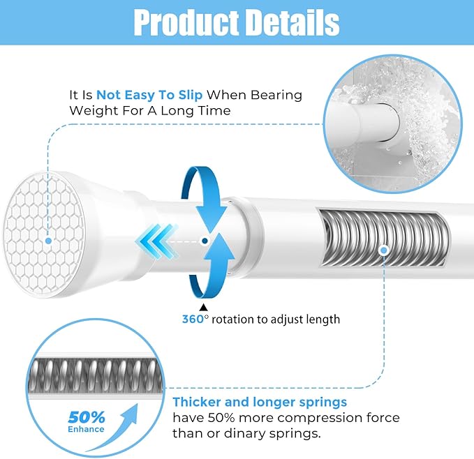 AIZESI 4pcs Tension Curtain Rod Spring Tension Rods for Windows 28 to 48 Inch, 7/8 Diameter White, Adjustable Curtain Rod Spring Tension Curtian Rod for Bathroom, Kitchen, Cupboard