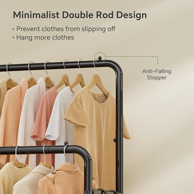 Simple Trending Clothes Rack for Hanging Clothes, Double Rod Clothing Rack with Shelves Load 400 LBS, Garment Rack with Wheels, Black