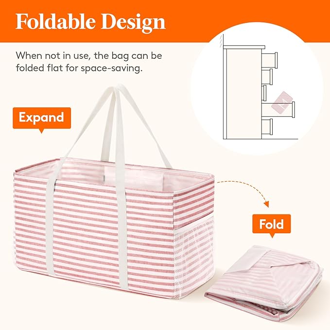 Lifewit Extra Large Tote Bag, Reusable Grocery Bags with Metal Wire Frame and Handles, Standing Utility Foldable Shopping Bags for Storage, Picnics, Beach, Laundry, Car, 46L, 2 Pack, Pink