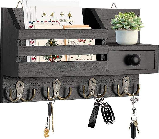 Key Holder Wall Mount, Wooden Adhesive Mail and Key Organizer with Drawer, Small Shelf, 8 Hooks, 2 Installation Methods, Black