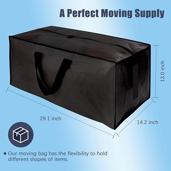 HOMESURE 12 Pack Large Strong Moving Bags with Zippers & Carrying Handles - Water-Resistant - Heavy Duty Storage Tote for Space Saving Moving Storage, Fold Flat, Alternative to Moving Box (Black)