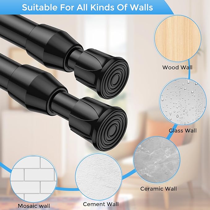 4 Pack Small Tension Rod 12 to 19 Inch Adjustable Tension Curtain Rod Mini Closet Spring Rod No Drilling Short Tension Rods for Windows, Cupboard, Kitchen Cabinets, Black