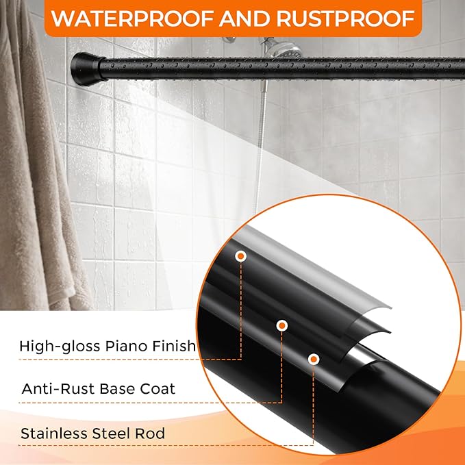 Tension Curtain Rod 28-48 Inch 7/8" Diameter, Adjustable No Drilling Rustproof Black Spring Loaded Curtain Rods for Window, Doorway, Bathroom, Closet, Kitchen, Shower Stall