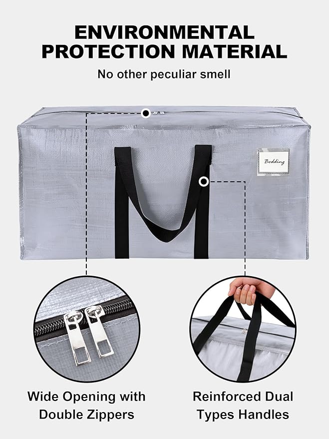HOMESURE Supports 200lbs Heavy Duty Moving Bags - Strong Zipper & Wrap-Around Handles - Water-Resistant Storage Totes, Durable Alternative to Moving Boxes - 8 Pack - Silver