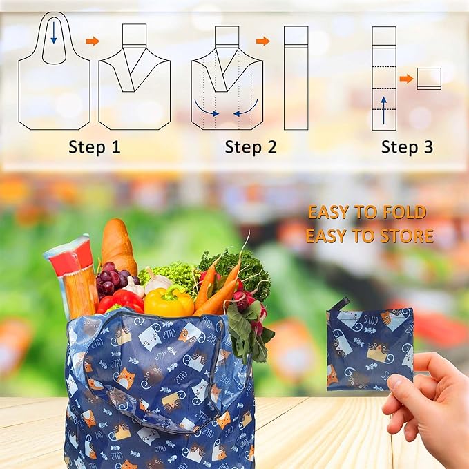 Reusable Grocery Bags, Nylon Tote Bag Gift For Women, Reusable Shopping Bags With Handles, Large Everything Bag Bulk, Foldable And Washable, Cat Pattern