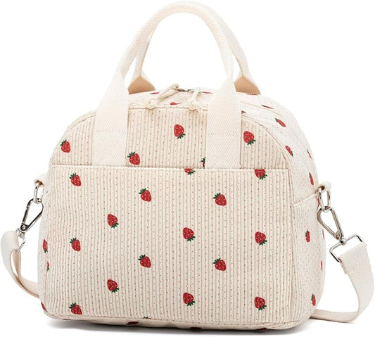 LOVELYWIND Crossbody Strawberry Lunch Bag for Women, Insulated Corduroy Tote with Adjustable Strap, Water Resistant Lunch Box for Work, Picnic, Travel or Beach, Beige Cream Reusable Lunch Box