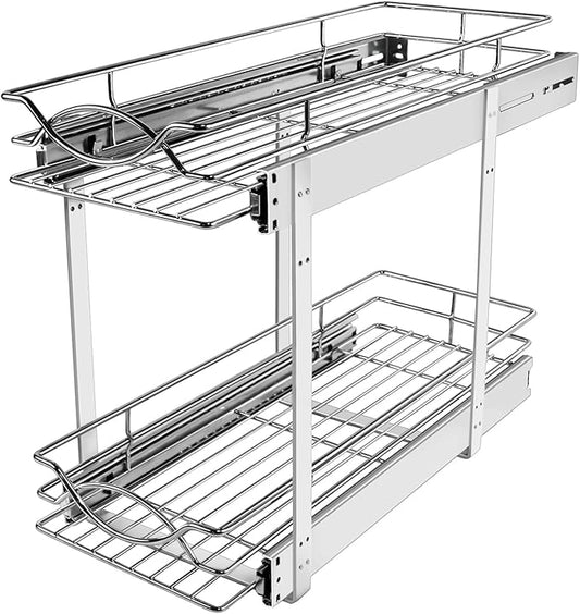 Sikarou Pull Out Cabinet Organizer 2-Tier Individual Slide Out Drawer Pantry Shelf Storage for Kitchen Base Cabinet Organization for Kitchen, Bathroom, Pantry, Chrome (2-Tie 7 * 21 in)