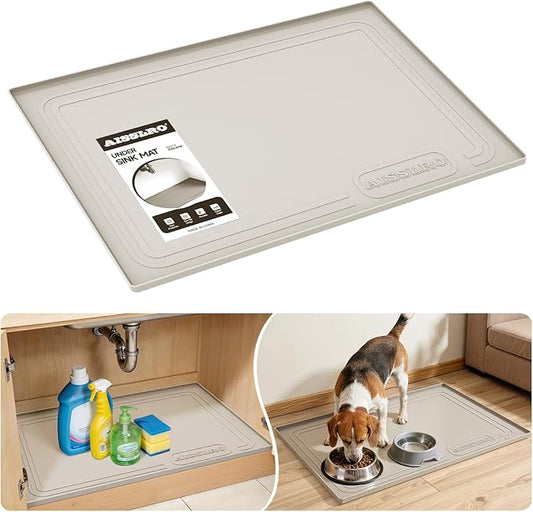 Aisslro Under Sink Mat 34" X 22", Waterproof Silicone Under Sink Mats for Kitchen, Anti-Leak Shelf Liner & Cabinet Protector with Raised Edge, [BPA Free] Bathroom Tray Home Organizer, Beige