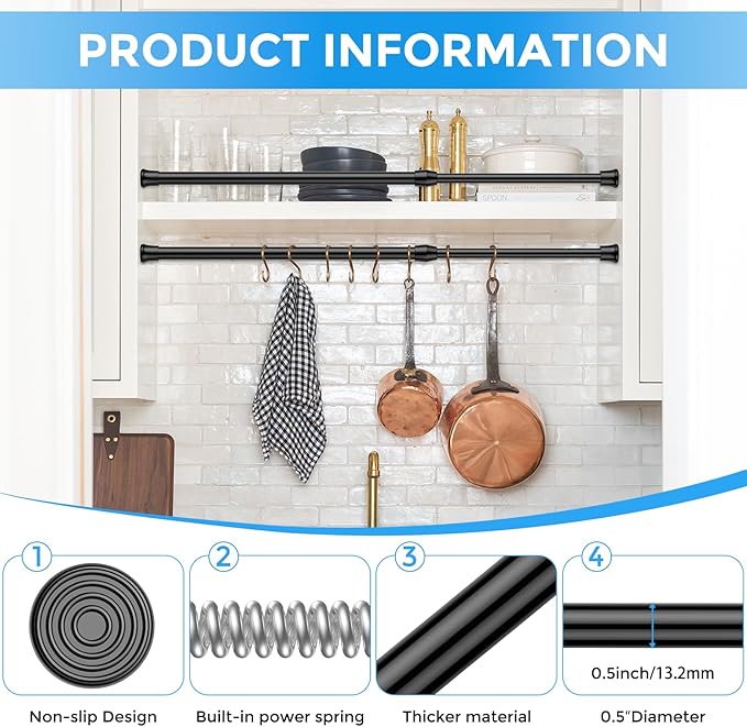 4 Pack Spring Tension Curtain Rod 17 to 28 Inch, DIY Small Curtain Rods No Drill for Window Cupboard Closet Kitchen Cabinets, Black