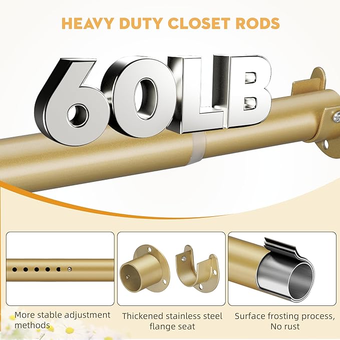 1.3 Inch Diameter Closet Rods for Hanging Clothes 17-28 Inch Adjustable, Metal Heavy Duty Closet Pole, Gold Closet Bar for Hanging Clothes, Suitable for Closet, Wardrobes, Bathroom, Windows