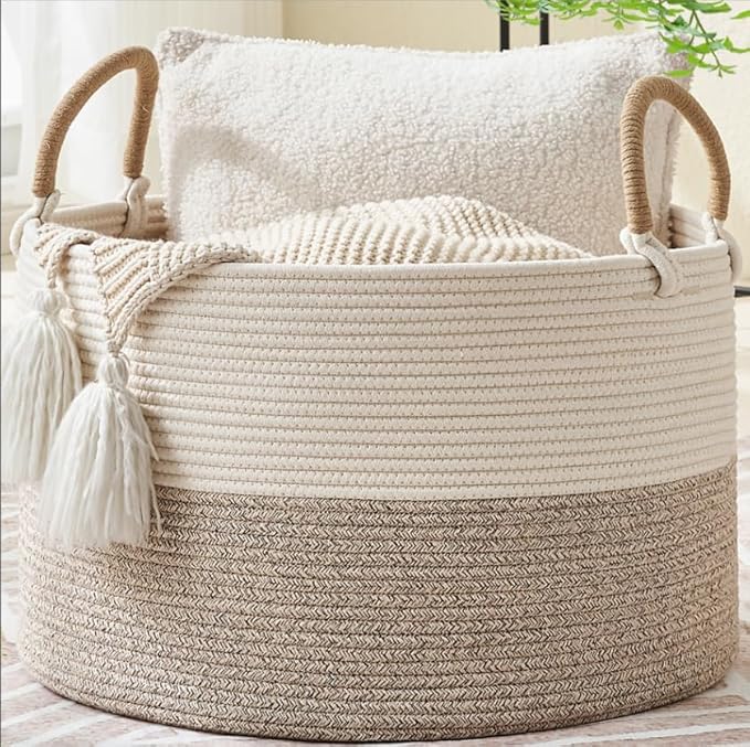 KAKAMAY Cotton Rope Storage Basket (20"x13"),Woven Hamper for Blankets,Toys,Pillows,Clothes,Laundry,Sturdy Handles Decorative Basket for Living Room, Bedroom,Nursery(Beige)