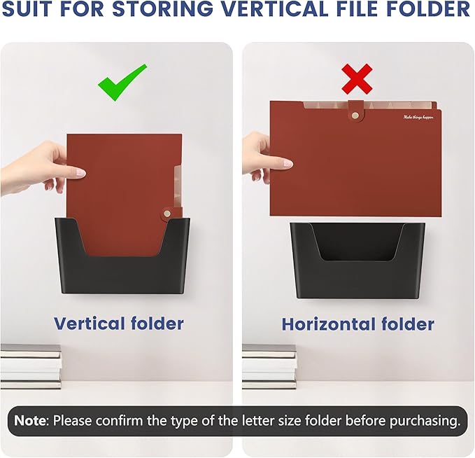 JOMOLA No Drilling File Holder 5 Pack Mail Organizer Wall Mount File Organizer Holder Office Wall Hanging Files Magazines Organizer Plastic Door Mount Wall Pocket with Adhesive Pad, Black Color