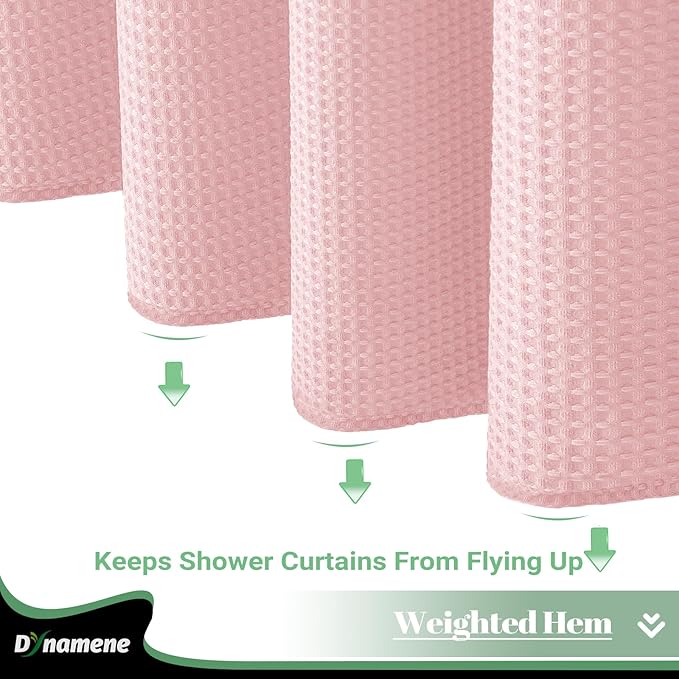 Dynamene Extra Long Shower Curtain, 84 Inch Long Waffle Fabric Shower Curtain for Bathroom, Tall Waterproof Cloth Shower Curtain Liner Set with Hook, Snap in Liner, Mesh Top Window, Pink, 72x84
