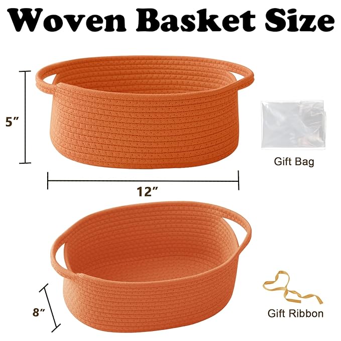 Small Woven Rope Basket-Empty Gifts Basket with Bag and Ribbons,Cute Handle Organizer Box for Birthday/Baby Shower, Toy Storage, Nursery Organizing & Shelf Decor(Orange)