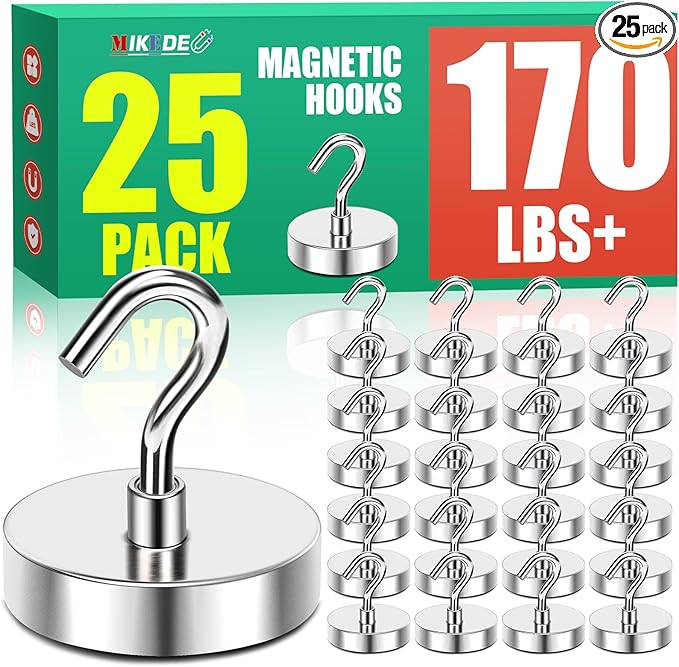 MIKEDE Magnetic Hooks 170Lbs Heavy Duty Earth Magnets with Hooks for Cruise Cabin Strong Magnet Hooks for Hanging Super Metal Magnetic Hanger for Grill Fridge Kitchen - Pack of 25