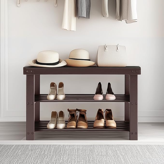 Sweetcrispy 3-Tier Shoe Rack Bench, Bamboo Entryway Storage Organizer, Shoes Stand for FrontDoor Entrance, Bedroom, Living Room, 286lb Capacity, 11.3 x 27.6 x 17.8 Inches, Chestnut