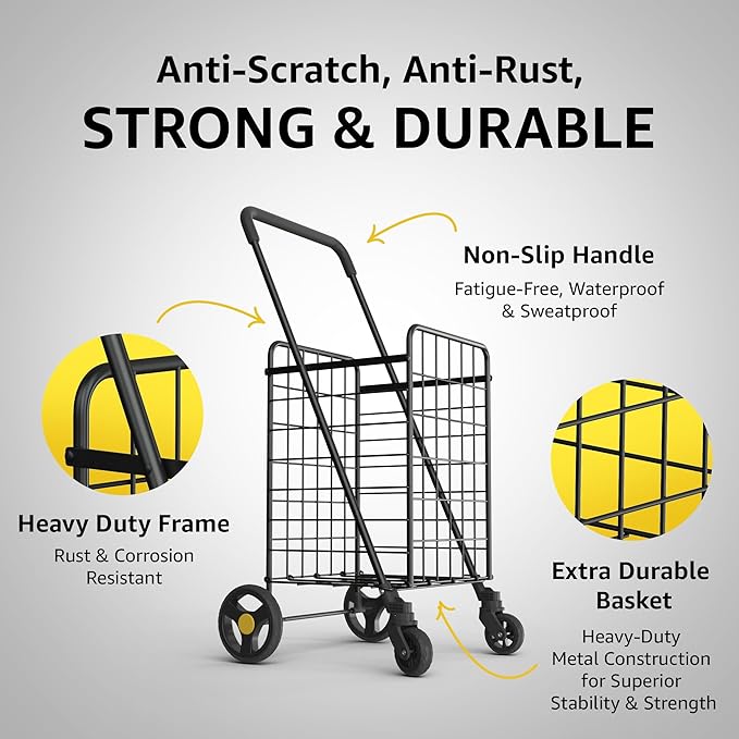 Our Modern Space Shopping Cart & 360° Swivel Wheels | Foldable Collapsible & Lightweight | Perfect for Groceries Laundry Utility Cart - Black