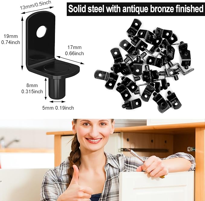 Cerpourt Shelf Support Pegs, 40 Pcs L-Shaped Black Steel Cabinet Shelf Brackets with Hole, 5mm Diameter, for Bookcase, Kitchen, Closet Shelves
