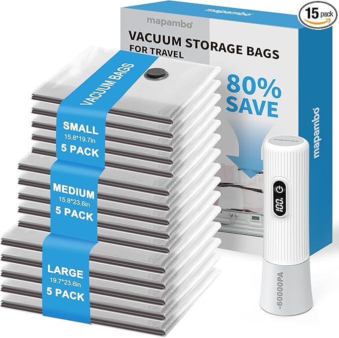 Mapambo Travel Vacuum Bags with -60000Pa LED Electric Pump, 15 Pack Vacuum Seal Bags for Clothing Travel in 3 Combo sizes, Space Saver Vacuum Storage Bags, Saving up to 80% of Space (15 Combo)