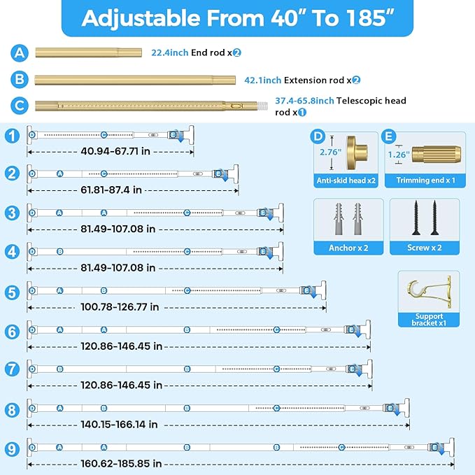 AIZESI 41-182 Inch Heavy Duty Gold Tension Curtain Rod - No Drilling, Adjustable, Rust-Proof for Outdoor, Living Room, Bathroom