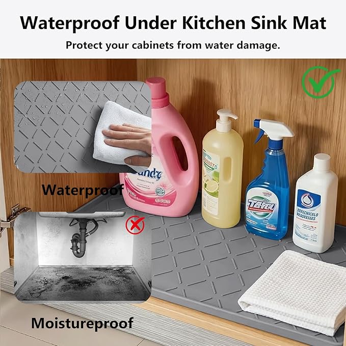 Mateeylife Under Sink Mats for Kitchen Waterproof 34"X22", Undersink Protectors，Silicone Mat Cabinet Liner, Under Sink Organizer for Bathroom and Kitchen，Boot Tray Pet Food Mat, Dark Grey