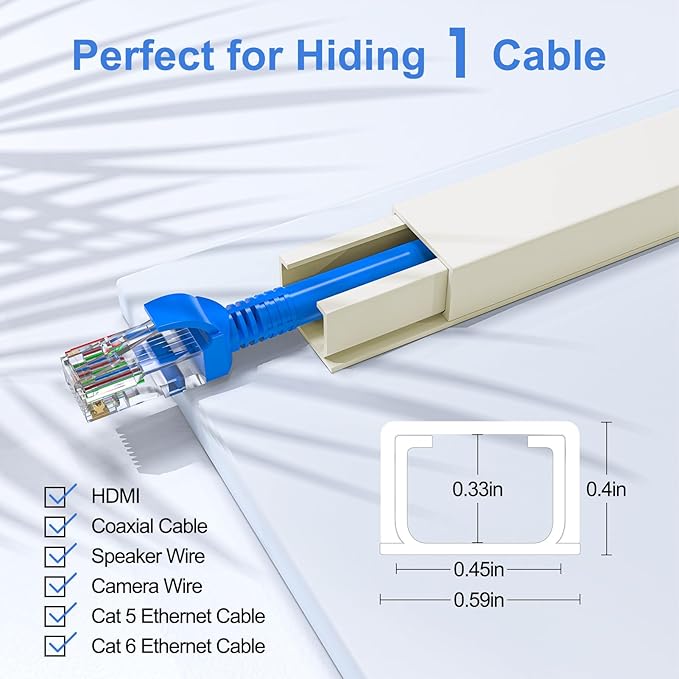 Yecaye Cord Hider, 113in Beige Cord Covers for Wires on Wall, One-Cord Cord Organizer, Easy Install Cable Management Kit, Cable Hider Home Office, W0.59in H0.4in, Beige