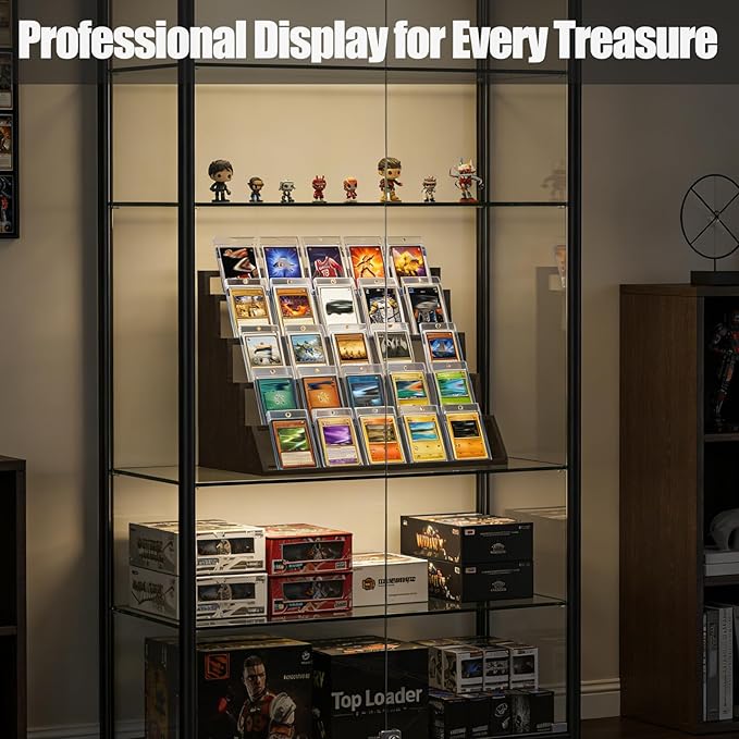 2 Pack 5 Tier Wooden Card Display Stand – Vertical Card Holder Display for Trading Cards, Game Cards, Sports Cards, Graded PSA/BGS/SGC, Baseball, Basketball&Football(Soccer) Card Stand, Desk & Shelf Organize,Black