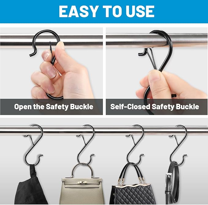FSAH 17 Pcs S Hooks for Hanging Safety Buckle, 3.5 Inch Stainless Steel S Shaped Locking Hooks for Colleague Dorm, Kitchen, Plants Pots Towels Bags, Black