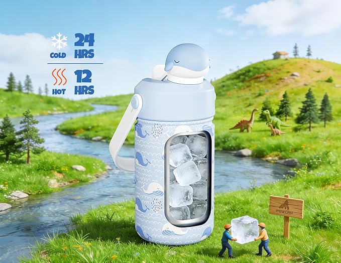 POWCAN 12 oz Kids Water Bottle for School: 2-in-1 Straw Spout Lid with Soft Animal Head, Leakproof, Backpack Friendly, Keep Cold 24H, Insulated cup for Sports, Playground, Holiday Gift (Whale Splash)