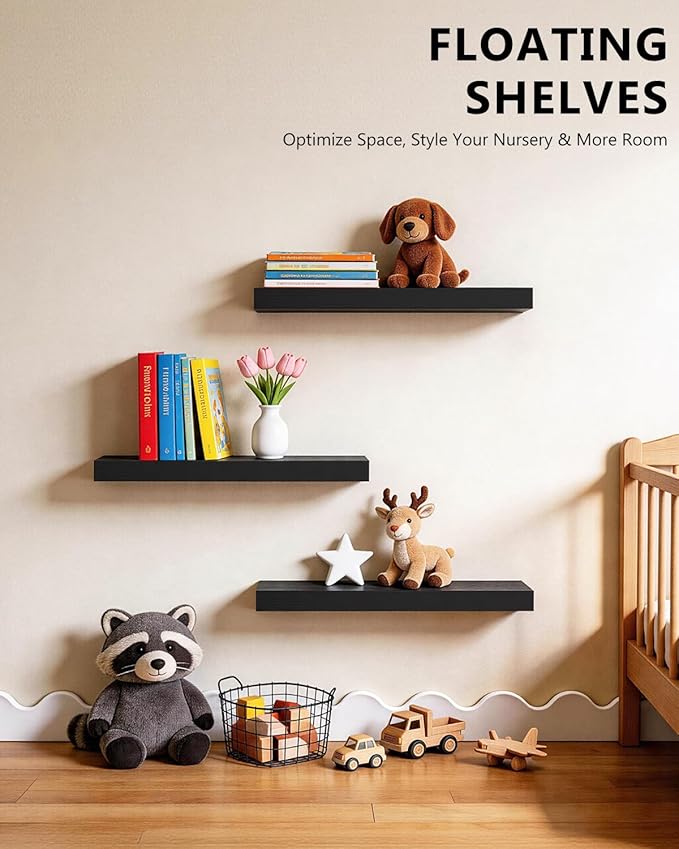 WALI Floating Shelves for Wall, 3 Tier Bathroom Storage Shelf Over Toilet, for Bedroom Bookshelf, Living Room Decor, Kitchen, Nursery, Laundry, Soundbar Floating Shelf Mount Under TV (CS103L), Black