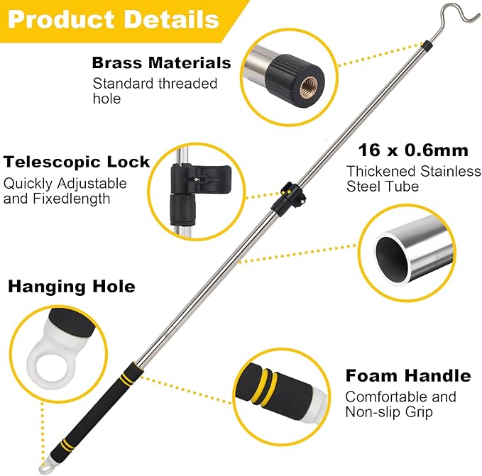 Clothes Hook Pole, High Reach Garment Hook 38“ - 63” Telescoping Pole with 3 Hooks and Foam Handle for Hanging Clothes String Lights Plants Grabbing Trunk Cargo Shelf Items