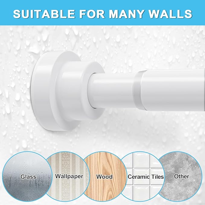AIZESI White Tension Curtain Rod 30-63 Inch 1PCS, Non-slip Spring Curtain Rod For Windows, No-drilling Adjustable Tension Rod,Non-rust Spring Tension Rod For Doorway Bathroom Kitchen Bedroom