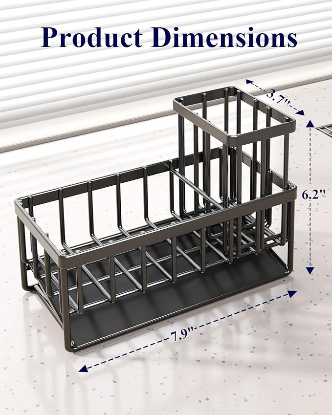 Kitsure Sponge Holder for Kitchen Sink - Rustproof Stainless Steel Sink Caddy Organization and Storage Essentials with High Brush Holder, Home Decor Accessories, 7.9" x 3.7" x 6.2", Black