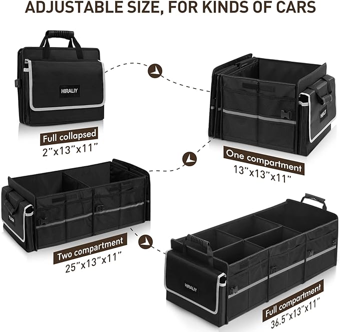 HIRALIY 4 in 1 Car Trunk Storage Organizer with Leakproof Cooler Bag, Multi-Compartment Foldable Trunk Storage Box for Car Truck SUV Black