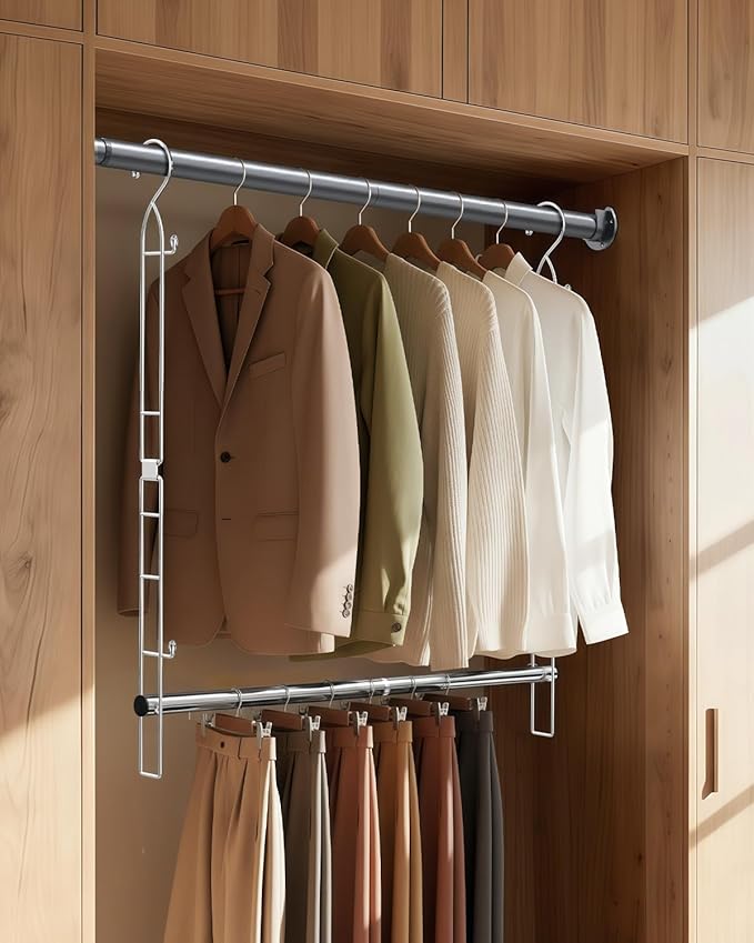 Hanging Closet Rod Stainless Steel, 2 Pack Adjustable Height & Width Closet Rod Extender, Space-Saving Closet Hanging Storage Organizer，Load up to 88LB