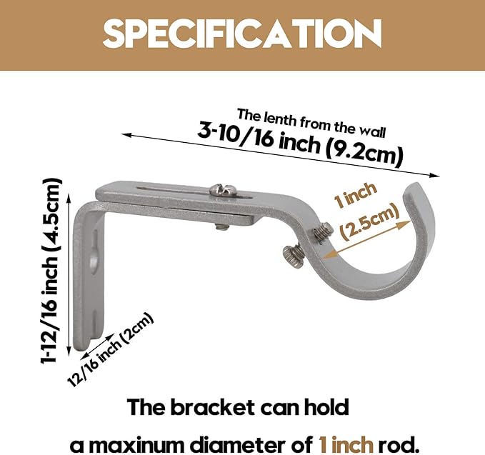 AddGrace Adjustable Curtain Rod Bracket Fits up to 1 inch Curtain Rod Sturdy Premium Brackets for Wall Set of 2 Silver