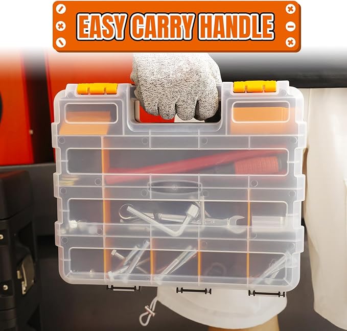 Jack Boss Tool Box with Transparent Lid, Double Side 34-Compartments Organizer Box with Removable Dividers for Hardware, Screws, Bolts, Nails, Beads, Jewelry and Fishing Accessories, Orange, 1 Pack