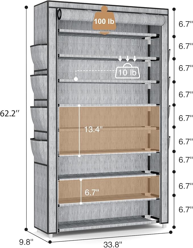 Shoe Rack with Cover, 10 Tier Shoe Organizer Storage for 40-50 Pairs Sneaker and Boots, Large Capacity, with 8 Pockets, Free Standing Tall Shoe Rack for Front Door Entrance, Closet, Printing