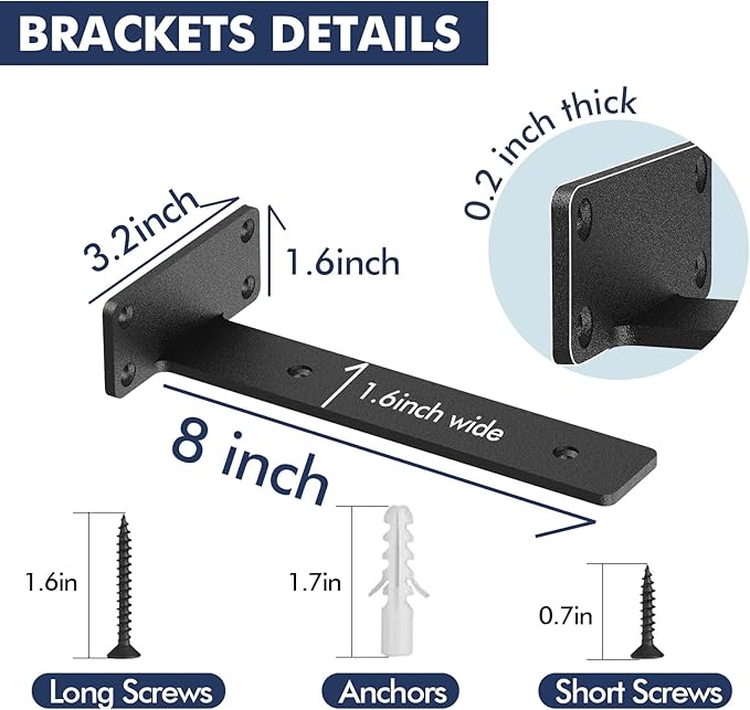 Starunder 8 Pack Floating Shelf Brackets, 8 Inch Heavy Duty Industrial Shelf Bracket, Black Metal L Brackets for Shelves Support DIY(1/5 Inch Thicked)