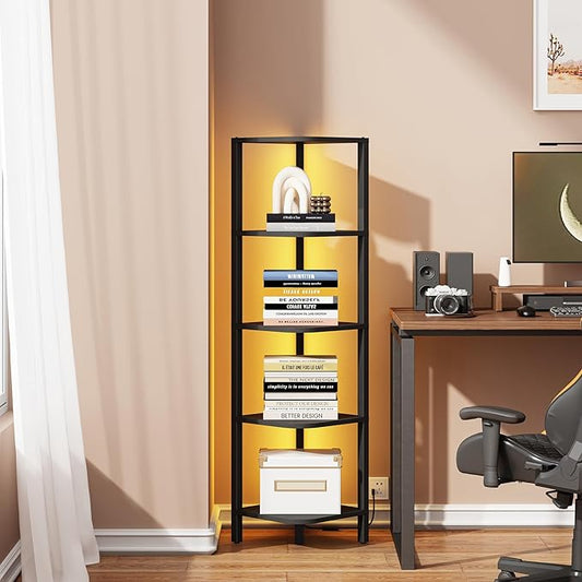 TUTOTAK Corner Shelf with LED Light, 5-Tier Corner Bookshelf for Small Space, Narrow Display Corner Shelf Stand with Storage Rack, for Living Room, Bedroom, Black BS08BK005L