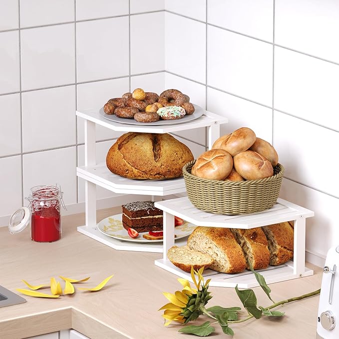 Bamboo Corner Shelf(3 Pack),2 Tier Plate Organizer for Cabinet and Countertop,Pantry Dish and Spice Rack for Kitchen(White)
